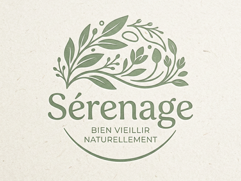 Sérénage logo with green botanical illustration and text 'Bien vieillir naturellement'